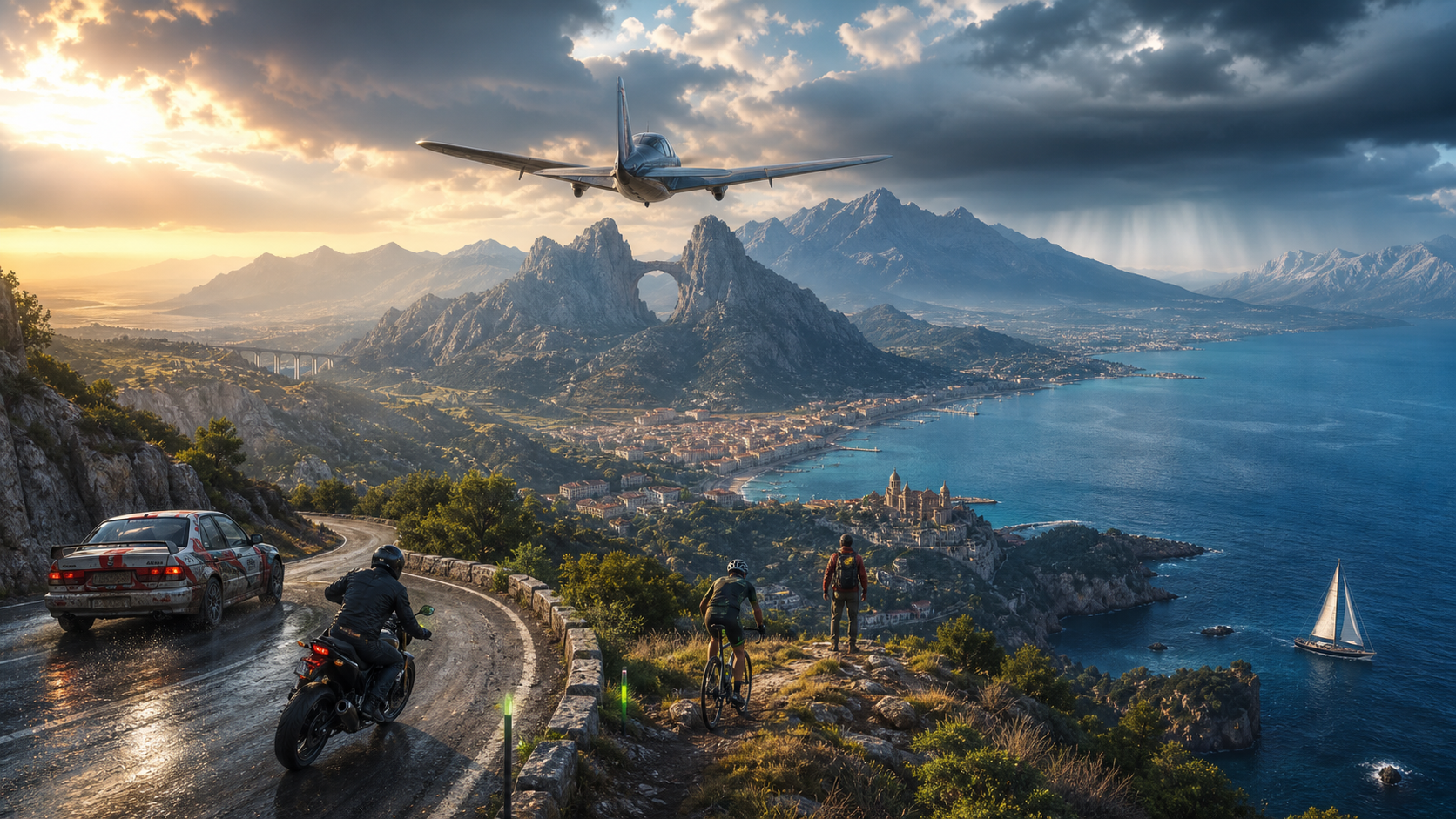 Aircraft, rally car, motorcycle, cyclist, explorer and sailboat moving through one real world