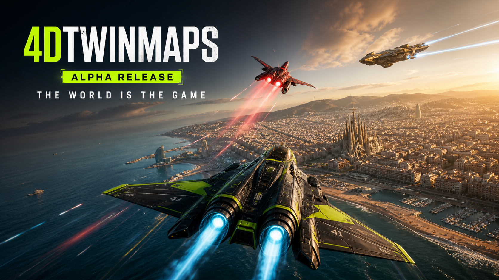 4DTwinMaps Alpha Release ships flying above photorealistic Barcelona