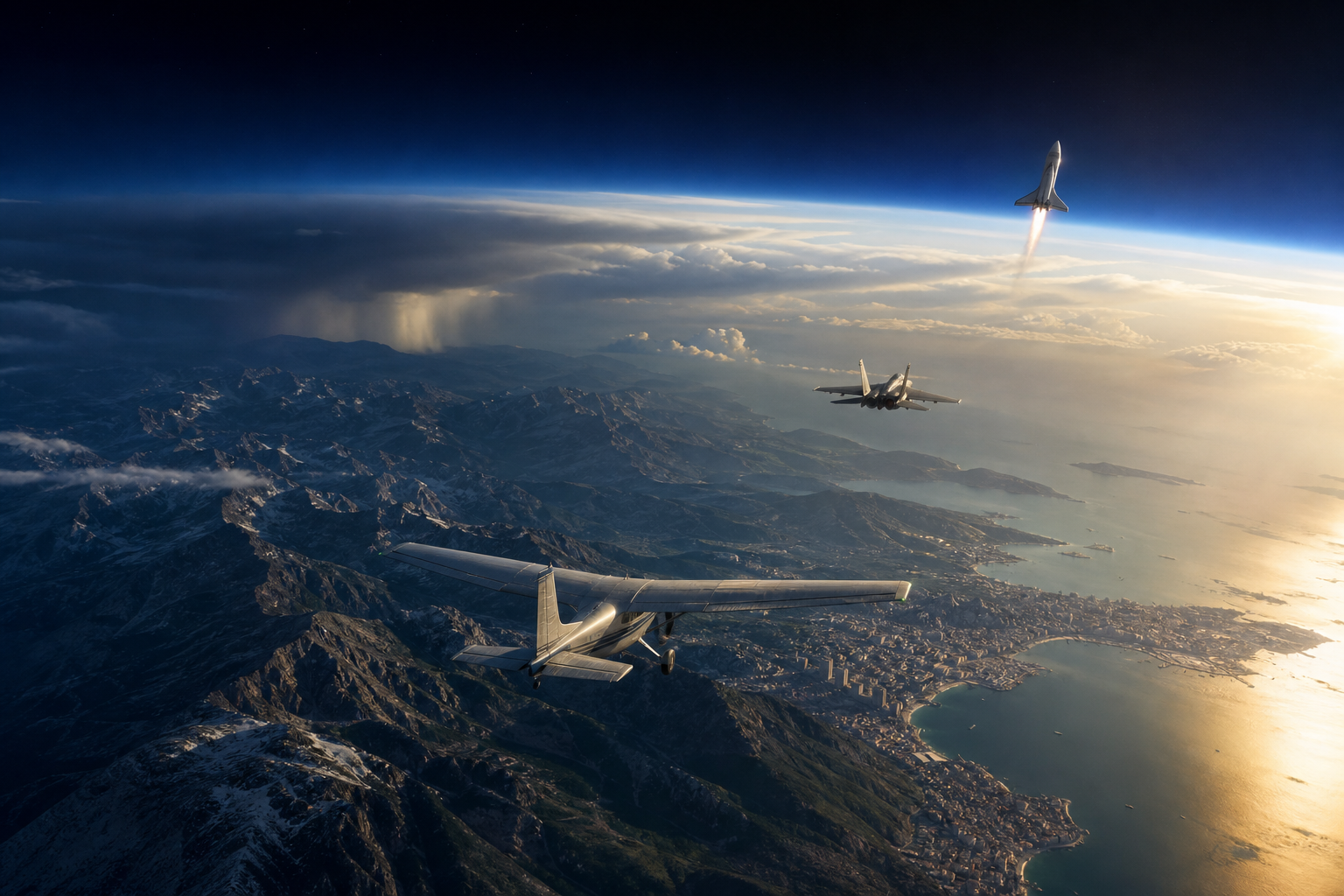Aircraft, fighter and spacecraft flying away across the real Earth